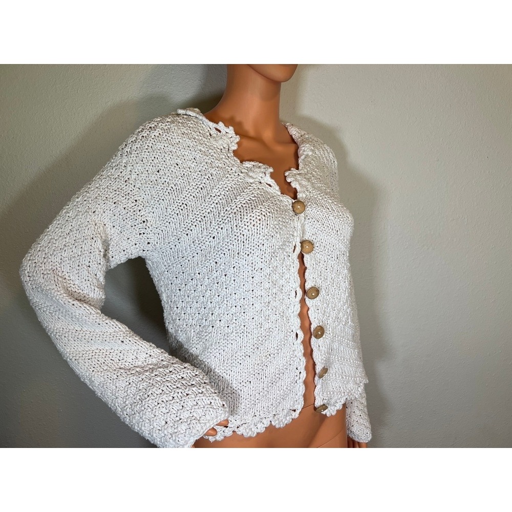 Vintage Handknit Cardigan White Cotton Cottagecore Sweater SIZE?